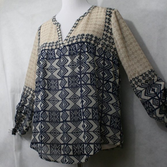 Lucky Brand Tops - Lucky Brand Navy & Tan Sheer Polyester Blouse SZ L NWOT